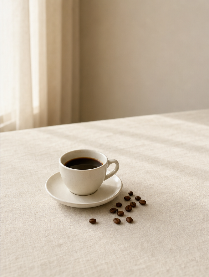 White cup of black coffee with scattered roasted beans