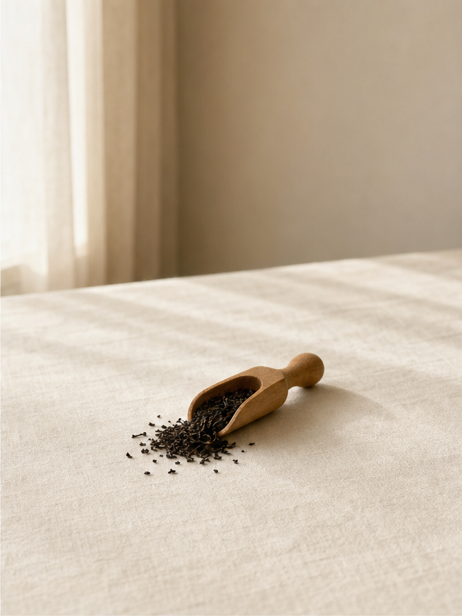 Wooden scoop spilling loose black tea leaves