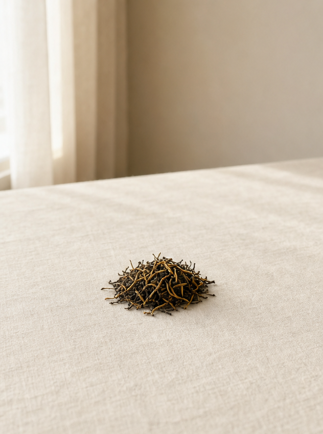 Pile of golden-tipped premium tea leaves