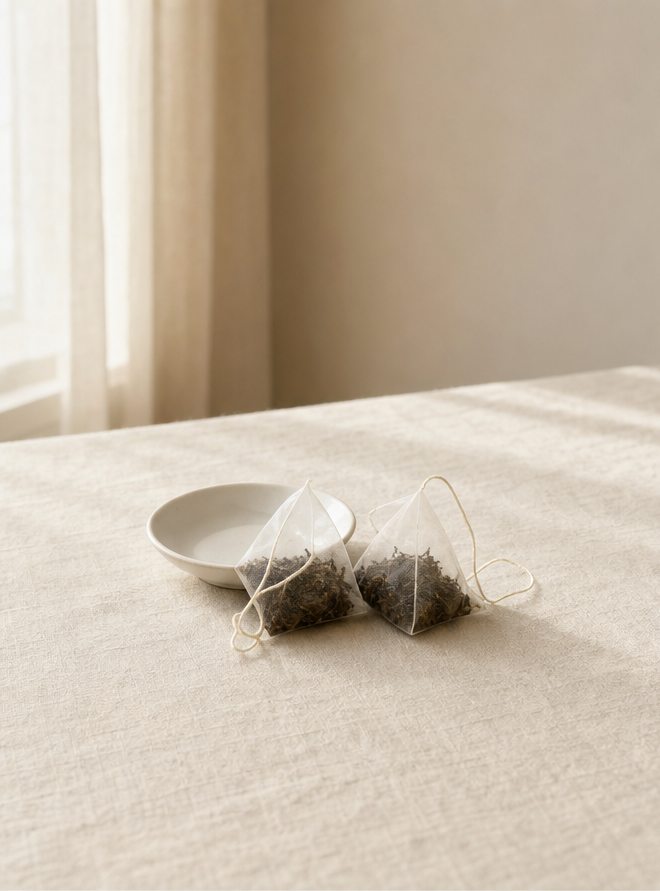 Two plain pyramid tea bags with loose leaves beside a small saucer